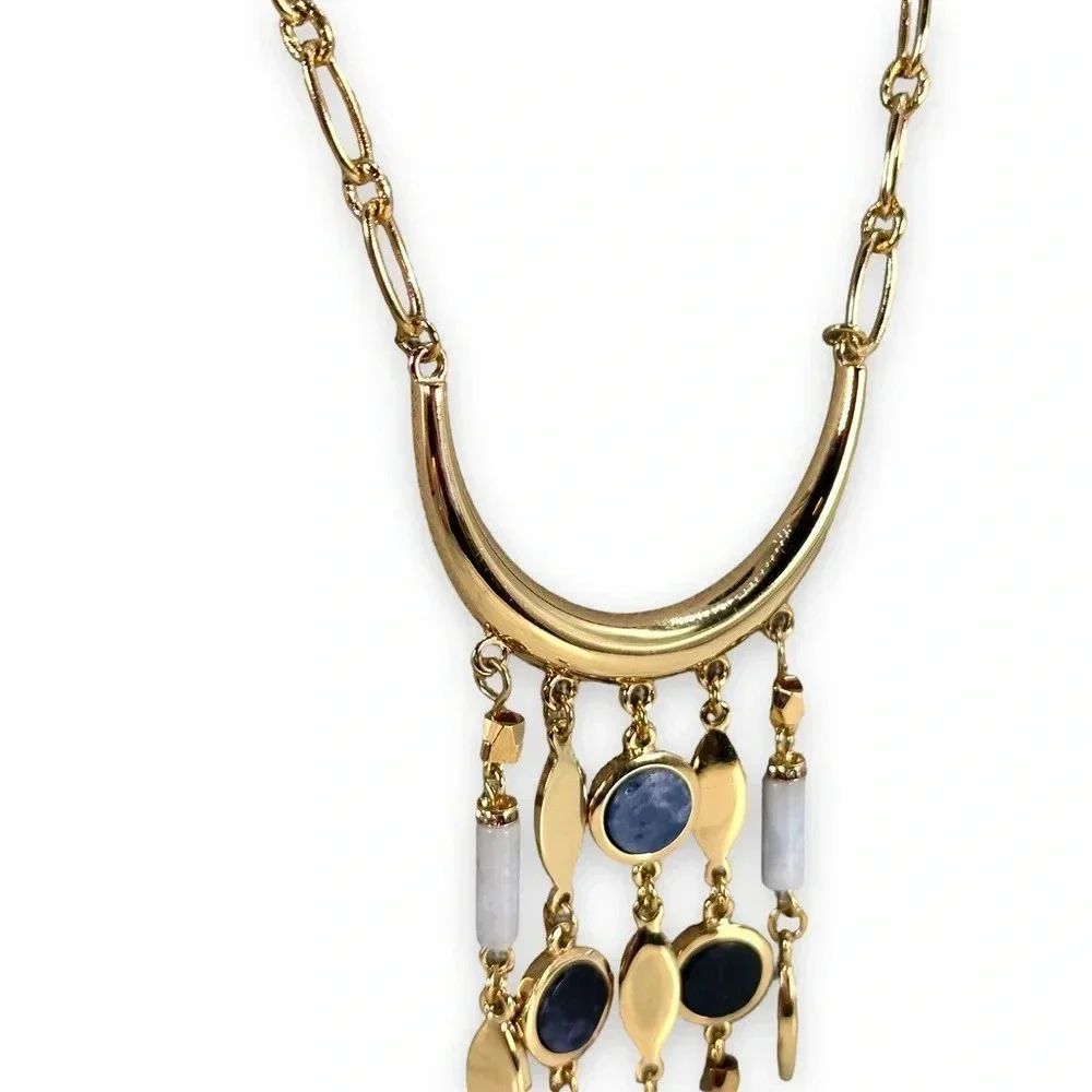 White House Black Market Long Necklace Dangle Fringe Gold Blue Adjustabl…